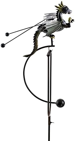 Kinetic Metal Mystical Dragon Yard Stake Wind Spinner Rocker Rocking Whirly-Gig Garden Art, 51" Tall Brown Antiqued Metal, Flying Dragon Yard Art by Unknown