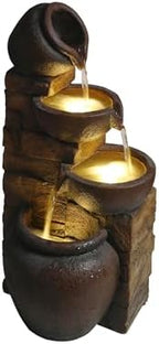 25.6" H Modern Clay Pot Outdoor Water Fountain with LED Lights and Pump, Floor Standing Waterfall Feature Outdoor Garden Fountain for Garden, Porch and Backyard Decor, Brown by Veemuaro