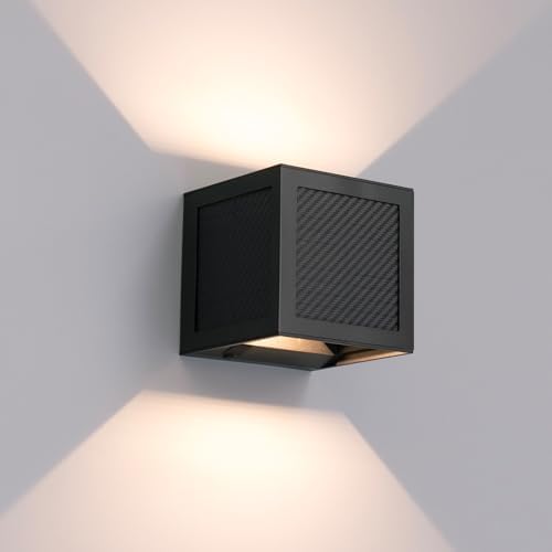 Solar Sconce Lights Outdoor, Motion Sensor, Dimmable Up and Down, Multiple Lighting Modes, Three Large Solar Panels, IP65 Waterproof for Yard Fence Patio Garage Porch, Modern Black Shell by CNAHIWO