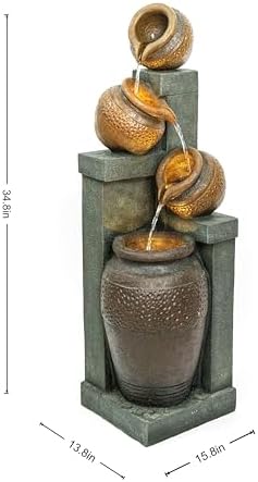 Outdoor Water Fountain 34.8", Tall 4-Tier Pot Waterfall Fountain with Warm LED Lights, Rustic Resin Cascading Water Feature, Quiet Pump for Patio Garden Porch Backyard Deck Decor - Image 6