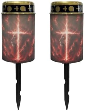 Poceacles Solar Lights Outdoor Grave Candle for Cemetery Decoration Solar Outdoor Lights for Garden Lawn Backyard Pathway Decor, Lion Cross Cloud Print Red, 2 Piece Set by Poceacles