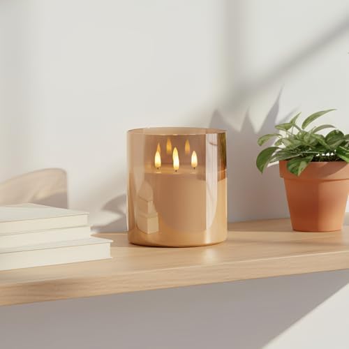 NICEME Extra Large 3 Wick Battery Operated Candle, 6"x6" Big Clear Glass Flameless Candles with Remote, Real Wax Flickering Led Pillar Fake Giant Candle for Wedding Party Holiday Home Decor, Gold - Image 4