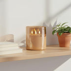 NICEME Extra Large 3 Wick Battery Operated Candle, 6"x6" Big Clear Glass Flameless Candles with Remote, Real Wax Flickering Led Pillar Fake Giant Candle for Wedding Party Holiday Home Decor, Gold - Image 4