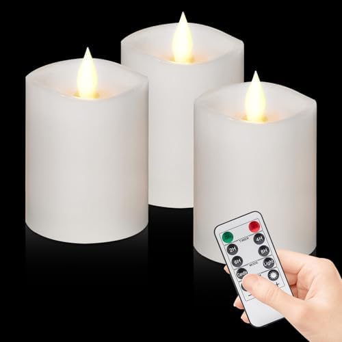 "3"x4" Flickering Flameless Candles with Remote Timer- Set of 3 Real Wax White Pillar LED Candles for Indoor/Outdoor Fireplace & Home Decor, Battery Operated with 600+ Hours Flickering (3" Diameter) by WOOCODOWE