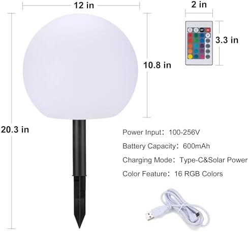 shumi Solar Ball Light-12inch LED Outdoor Table Lamp,16 RGB Colors and Dimmable Globe Light with Remote,Decor for Patio,Garden,Yard,Beach,Pathway,Nursery - Image 2