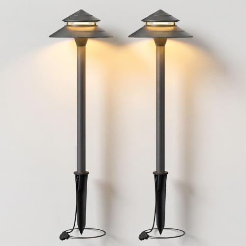 GOLDEN STAR Low Voltage Pathway Lights, 2W 70LM 12V Two-Tier Pagoda Landscape Lighting, 2700K Warm White Outdoor Walkway Garden Lights with Connectors and Stakes, 2 Pack 9128-21601-G02 by GOLDENSTAR
