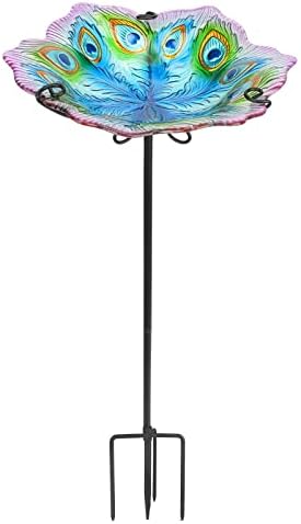 MUMTOP Glass Bird Bath, Peacock Outdoor Birdbaths with Metal Stake Green by MUMTOP