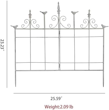 Vintage Distressed White Metal Garden Fence Panels, 25.6" W x 23.2" H Rustic Cast Iron Picket Fence, Outdoor Landscape Edging Yard Stakes for Flower Bed & Lawn Border - Image 6