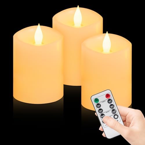 3x4 inch Flameless Candles: Realistic Flameless LED, Battery-Powered Pillar Candles with Remote & Timer, Fake Candles for Fall Decor, (Ivory, 3"*4"-3pcs) by WOOCODOWE