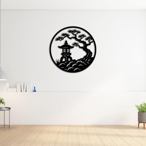Japanese Garden Pagoda Scene Metal Wall Art Metal Outdoor Decor Metal Signs Minimalist Aesthetic Elegant Wall Decor Home Decoration for Living Room Bedroom Zen Style Centerpiece (Black,16inch) - Image 3
