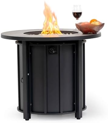 30'' Concrete Round Gas Fire Pit, 50,000 BTU Steel Outdoor Fire Tables, Fire Table with Lid, Add Warmth & Ambience to Gatherings and Parties On Patio Deck Garden Backyard，White Glass Stone. by Senjoys