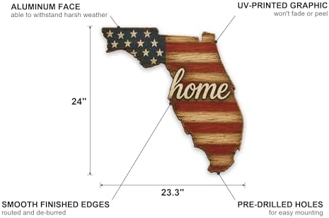 Florida "Home" State Shape Sign — Vintage American Flag Wall Decor — UV-Printed Aluminum (Not Real Wood) — Patriotic State Pride Art for Indoors & Outdoors — Made in USA - Image 2