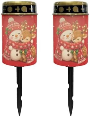 Poceacles Outdoor Solar Powered Cemetery Lights Grave Outdoor Stake Lights Garden Solar Lantern Flameless Candles Christmas Garden Decoration, Cute Reindeer Snowman Red, Pack of 2 by Poceacles
