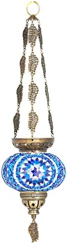 DEMMEX Turkish Moroccan Mosaic Hanging Candle Holder Decorative Lantern with Colorful Mosaic Glass Globe and Metal Leaf Chains, Handmade in Turkey, 24" H, Blue - Image 2