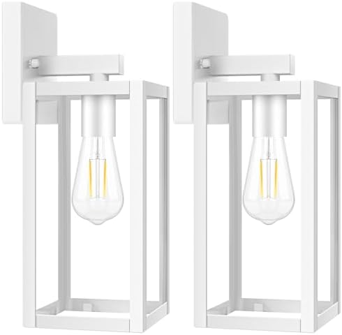 Brightever 2-Pack Outdoor Wall Light Fixtures, Waterproof Anti-Rust Outside Wall Sconce Lantern with Clear Glass, Exterior Front Porch Lights for House Garage Doorway, Bulbs Not Included, White by Brightever