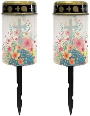 Poceacles Cross Solar Cemetery Lights Outdoor Waterproof LED Fake Candle Solar Cemetery Decorative Lights Walkway Lights Landscape Lighting for Home Outdoor Decor, Cute Flower Cross, Pack of 2 by Poceacles