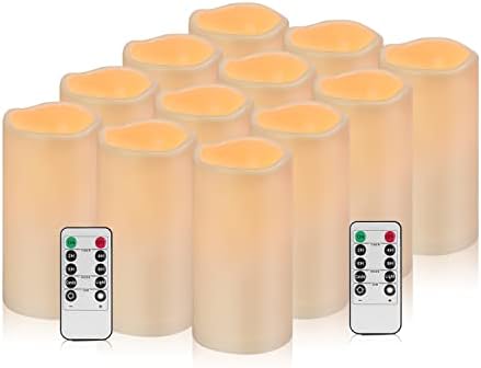 Flameless Candles 4" 5" 6" Outdoor Indoor Pillars Battery Operated Flickering Candles Include 10-Key Remote Timer 400+ Hours by 2 AA Batteries (Ivory Candle - Warm light, 3"D x 6" H - 12 Pack) by Artmarry
