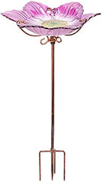 26" Glass Bird Bath, Outdoor Birdbath Bird Feeder Pink Flower Metal Stake by DREAMGARDEN