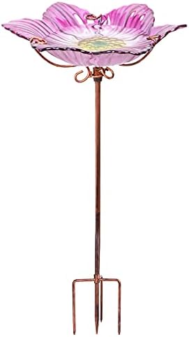 26" Glass Bird Bath, Outdoor Birdbath Bird Feeder Pink Flower Metal Stake by DREAMGARDEN