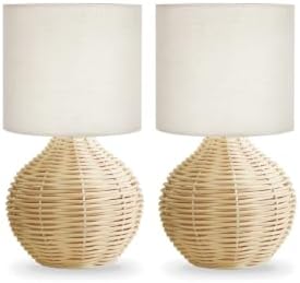Rattan Bedside Table Lamp Set of 2, Boho Farmhouse Style, with Cotton Linen Lampshade, 6.2×6.2×11.8 Inch Small Nightstand Lamp with E12 LED Warm Light Bulb, One-Button Switch for Bedroom Living Room by LAMP
