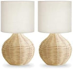 Rattan Bedside Table Lamp Set of 2, Boho Farmhouse Style, with Cotton Linen Lampshade, 6.2×6.2×11.8 Inch Small Nightstand Lamp with E12 LED Warm Light Bulb, One-Button Switch for Bedroom Living Room by LAMP