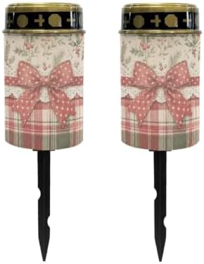 Poceacles Christmas Solar Lights Outdoor Grave Candle for Cemetery Decoration Solar Outdoor Lights for Garden Lawn Backyard Pathway Decor, Christmas Bow Plaid Holly, 2 Pack by Poceacles