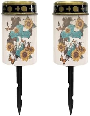 Poceacles Cross Solar Lights Outdoor Waterproof for Grave Decorations Fake LED Flameless Candles Outdoor Solar Lights Solar Lamp for Cemetery Lawn Yard, Sunflower Butterfly Gothic Cross, Pack of 2 by Poceacles