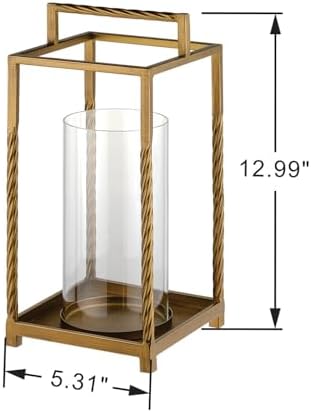 13" Modern Metal Lantern with Twisted Rope-style Frame In Antique Brass with Glass Hurricane For Pillars, String Light. Centerpiece, Mantel, Ambient Lighting, Farmhouse, Transitional, Patios, Entryway - Image 2