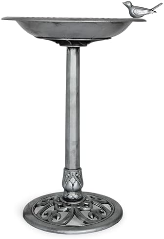 Backyard Expressions Outdoor Garden Bird Bath with Bird - Silver - Weather Resistant Polyresin - 30 Inch by BackyardExpressions