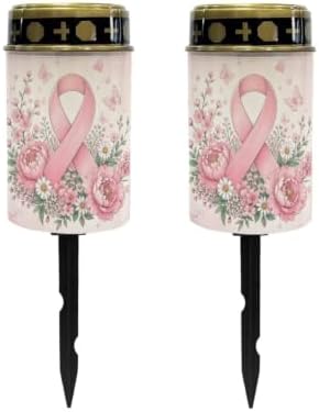Poceacles Cemetery Candle Grave Lights Outdoor Waterproof Decoration Pathway Lights Garden Solar Candle for Garden Lawn Decor, Pink Ribbon Floral Butterfly, Set of 2 by Poceacles