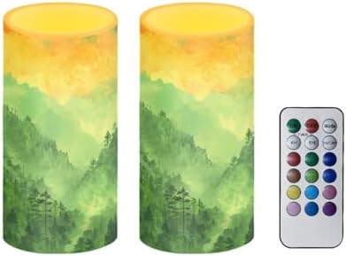 Watercolor Mountains Flameless LED Candles Painting Battery Operated Candles with Timer Pack of 2 LED Pillar Battery Tea Lights for Home Living Room Bedroom Dining Table Decorations by Merkmak