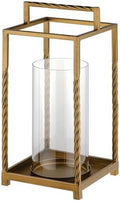 13" Modern Metal Lantern with Twisted Rope-style Frame In Antique Brass with Glass Hurricane For Pillars, String Light. Centerpiece, Mantel, Ambient Lighting, Farmhouse, Transitional, Patios, Entryway by Unknown