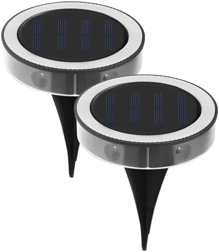 2 Pcs Waterproof Outdoor Solar Powered Ground Disk Lamps, White Lighting In-Ground Landscape Lights, Auto On/Off for Pathway, Yard, Patio, Lawn Decor, 5.12 X 4.33 in by LUMINFLY