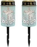 Poceacles Cross Solar Lights for Cemetery Gravesite LED Flameless Pillar Candles Solar Powered Grave Candles Waterproof Outdoor Garden Lights Grave Markers, Flower Cross Light Blue, Pack of 2 by Poceacles