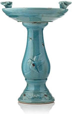 Alpine Corporation 25" Tall Outdoor Ceramic Antique Pedestal Birdbath with 2 Bird Figurines, Turquoise - Image 4