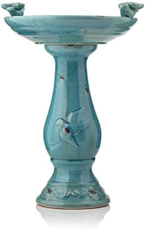 Alpine Corporation 25" Tall Outdoor Ceramic Antique Pedestal Birdbath with 2 Bird Figurines, Turquoise - Image 4