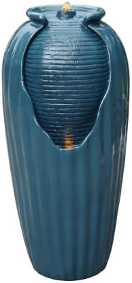 Teamson Home 32 in. Outdoor Contemporary Glazed Contoured Vase Water Fountain with LED Lights to Create a Calming Oasis in Gardens and Landscaping, on Patios, Balconies, Lawns, Teal Blue by TeamsonHome