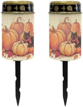 Poceacles Solar Candle Cemetery Solar Lights for Grave LED Garden Flameless Powered Pathway Lights for Halloween Party Decorations, Black Cat Pumpkin Autumn Leaf Print Beige, Pack of 2 by Poceacles