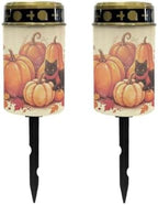 Poceacles Solar Candle Cemetery Solar Lights for Grave LED Garden Flameless Powered Pathway Lights for Halloween Party Decorations, Black Cat Pumpkin Autumn Leaf Print Beige, Pack of 2 by Poceacles