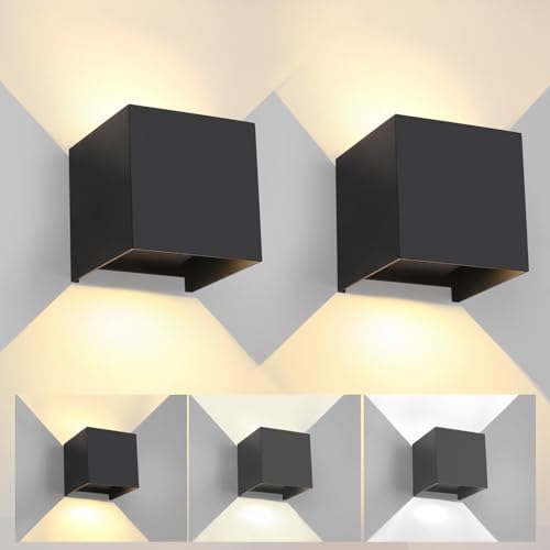 2 Pack LED 20W Outdoor Wall Lights Exterior/Interior 3 Colors Adjustable Wall Sconce Up and Down Light Porch Lights IP65 Waterproof Exterior Wall Sconce Modern Outdoor Lighting Square Aluminum Black by MilleLucciole