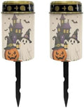 Poceacles Solar Lights Outdoor Solar Powered Outdoor Cemetery Stake Candle Grave Lamp Landscape Lighting Halloween Grave Flameless Candle, Pumpkin Ghost Print Beige, Pack of 2 by Poceacles