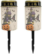 Poceacles Solar Lights Outdoor Solar Powered Outdoor Cemetery Stake Candle Grave Lamp Landscape Lighting Halloween Grave Flameless Candle, Pumpkin Ghost Print Beige, Pack of 2 by Poceacles