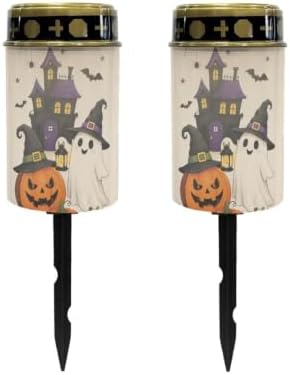 Poceacles Solar Lights Outdoor Solar Powered Outdoor Cemetery Stake Candle Grave Lamp Landscape Lighting Halloween Grave Flameless Candle, Pumpkin Ghost Print Beige, Pack of 2 by Poceacles