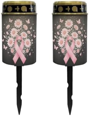 Poceacles Solar Lights Outdoor Grave Candle for Cemetery Decoration Solar Outdoor Lights for Garden Lawn Backyard Pathway Decor, Pink Ribbon Daisy Butterfly Black, Set of 2 by Poceacles