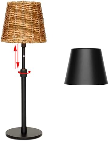 Mr.White Outdoor Waterproof Rechargeable Cordless Table Lamp with Telescopic Pole & Wicker Shade, 5200mAh Battery Operated Table Light with Touch Control, for Patio Restaurant Kitchen (Black) by Unknown