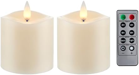 Flameless Pillar Candles Flickering with Remote Timer, Battery Operated LED Candles Up to 400 Hours, 3D Moving Flame Real Wax Candles. (Ivory-2pack-3x3) by CozierGlow