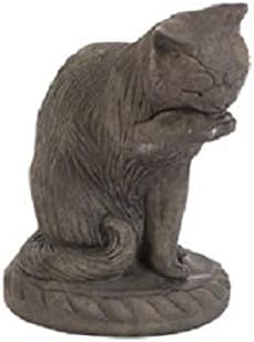 Solid Rock Stoneworks Large Cat Licking Paw Stone Statue 16in Tall Dark Graphite Color by SolidRockStoneworksLLC