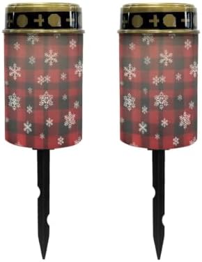 Poceacles Flameless Candle Solar Powered Grave Outdoor Lights Cemetery Candle Flameless Fake LED Pillar Lights Outdoor Christmas Decoration, Christmas Plaid Snowflake Red Black, 2 Pcs by Poceacles