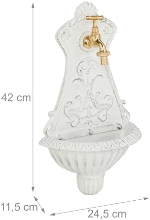 Relaxdays Wall Fountain, Antique Design, Basin & Tap, Water, for Garden & Patio, 42 x 24.5 x 11.5 cm, Cast Iron, White, Brass - Image 4