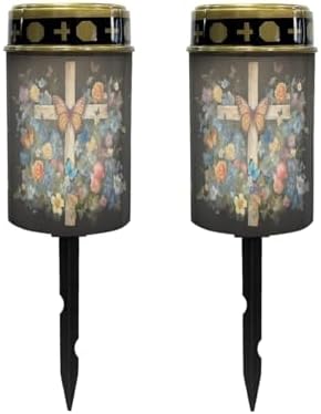 Poceacles Cross Solar Lights Outdoor for Cemetery Grave Solar Lights Outdoor Waterproof Decorative Flameless Candle for Cemetery Garden Backyard Outdoor Decor, Butterfly Floral Cross Black, Pack of 2 by Poceacles